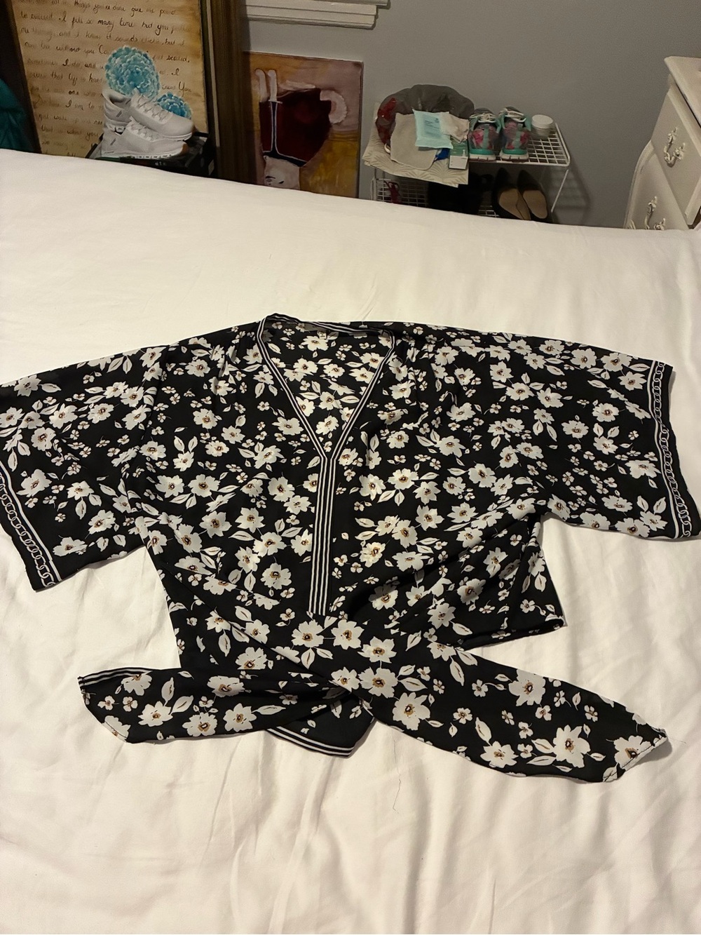 Max Studio Black Floral Tie-Front Top
